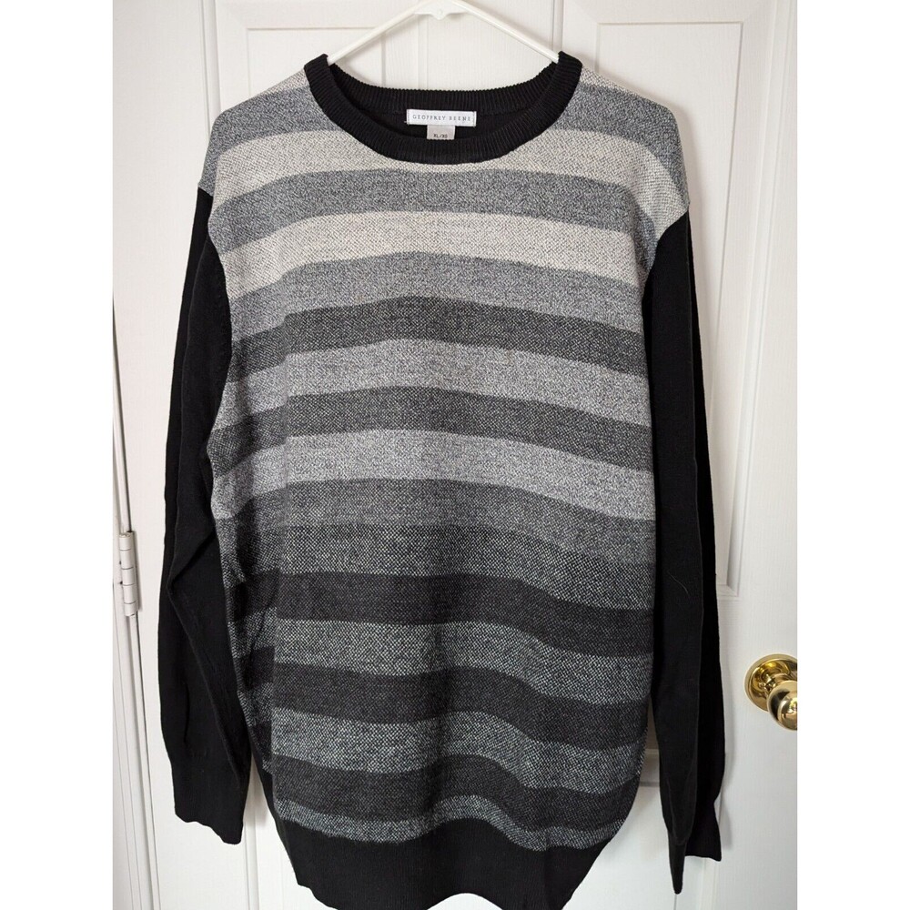 Geoffrey Beene Sweater Mens XL Gray Stripe Black Solid Back Pullover Acrylic